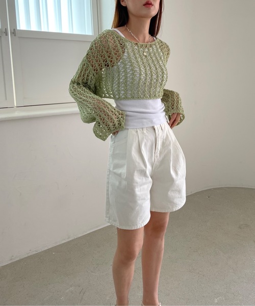 Didot.showroom（ディドット ショールーム）の「クロップド丈クロッシェ編みニット（ニット/セーター・レディース・ホワイト/ブラック/ミント・FREE）」の9枚目の写真