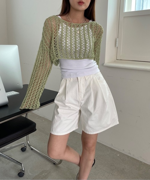 Didot.showroom（ディドット ショールーム）の「クロップド丈クロッシェ編みニット（ニット/セーター・レディース・ホワイト/ブラック/ミント・FREE）」の8枚目の写真