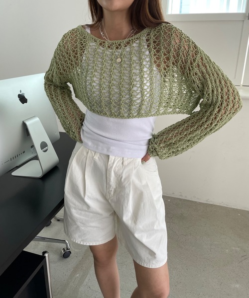 Didot.showroom（ディドット ショールーム）の「クロップド丈クロッシェ編みニット（ニット/セーター・レディース・ホワイト/ブラック/ミント・FREE）」の7枚目の写真