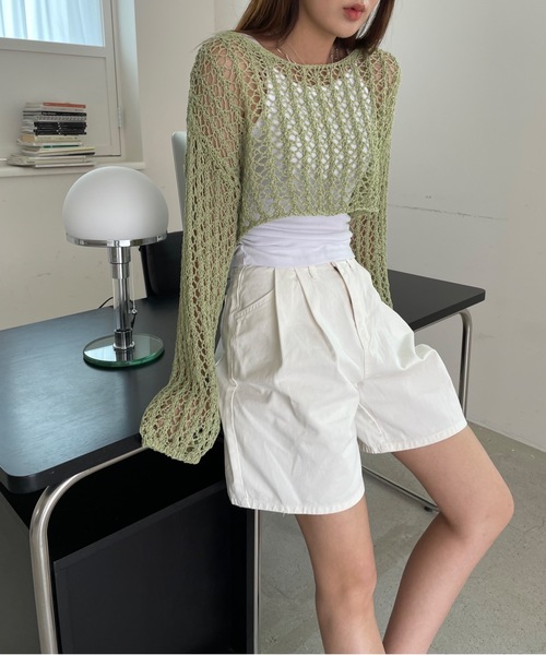 Didot.showroom（ディドット ショールーム）の「クロップド丈クロッシェ編みニット（ニット/セーター・レディース・ホワイト/ブラック/ミント・FREE）」の6枚目の写真