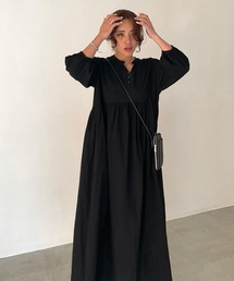 ボリュームスリーブコットンギャザーロングワンピース