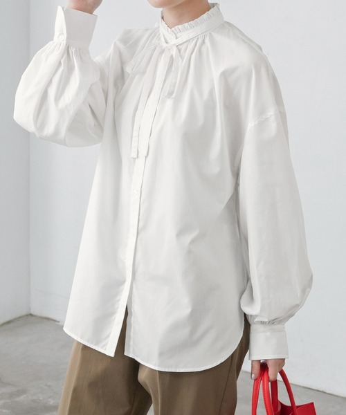 BONLECILL（ボンルシール）の「2wayボウタイリボン スタンドカラーブラウス（シャツ/ブラウス・レディース・ブラック/ネイビー/ブルー/アイボリー/ホワイト系1/ブラック系1/ブラック系2・FREE）」の13枚目の写真