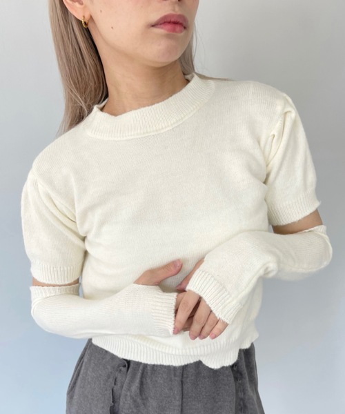 SANSeLF(サンセルフ)の「アームウォーマー付きハーフスリーブニット【SANSeLF】sanw23a004(ニット/セーター・レディース・グリーン/ピンク/ホワイト/レッド/ブラック・FREE)」の13枚目の写真