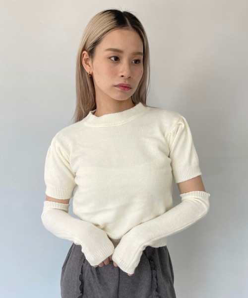 SANSeLF(サンセルフ)の「アームウォーマー付きハーフスリーブニット【SANSeLF】sanw23a004(ニット/セーター・レディース・グリーン/ピンク/ホワイト/レッド/ブラック・FREE)」の14枚目の写真
