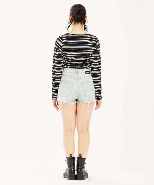 X-girl（エックスガール）の「DENIM SHORT PANTS（デニムパンツ・レディース・ブラック/ライトインディゴブルー・M/S）」の11枚目の写真