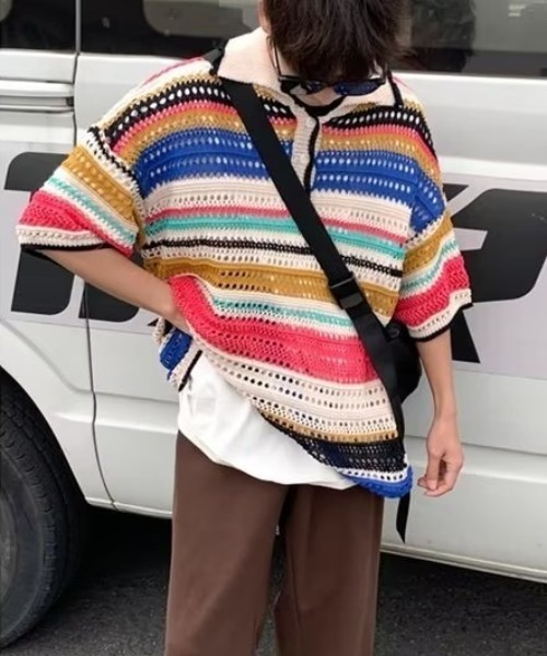 MGV（エムジーヴィー）の「マルチボーダーニットポロ（ニット/セーター・メンズ・レインボー/ブラック・MEDIUM/LARGE/X-LARGE）」の5枚目の写真