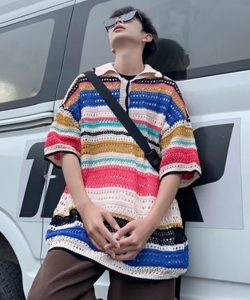 MGV（エムジーヴィー）の「マルチボーダーニットポロ（ニット/セーター・メンズ・レインボー/ブラック・MEDIUM/LARGE/X-LARGE）」の6枚目の写真