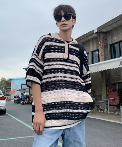 MGV（エムジーヴィー）の「マルチボーダーニットポロ（ニット/セーター・メンズ・レインボー/ブラック・MEDIUM/LARGE/X-LARGE）」の9枚目の写真