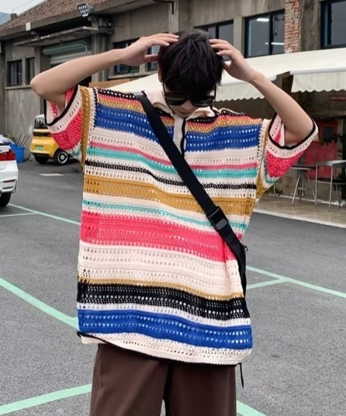 MGV（エムジーヴィー）の「マルチボーダーニットポロ（ニット/セーター・メンズ・レインボー/ブラック・MEDIUM/LARGE/X-LARGE）」の3枚目の写真