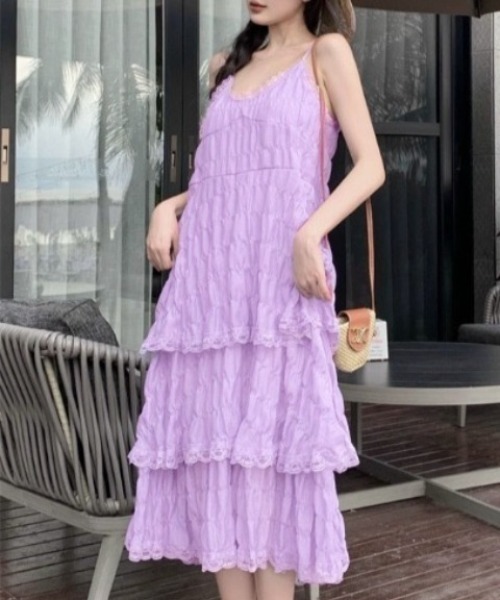 gossip！ロサンゼルス（ゴシップロサンゼルス）の「前後2WAYフェミニンレースレイヤードティアードロングキャミワンピース（ワンピース・レディース・ホワイト/アイボリー/パープル/ブラック/ライトパープル・FREE）」の5枚目の写真