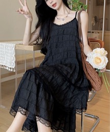 前後2WAYフェミニンレースレイヤードティアードロングキャミワンピース