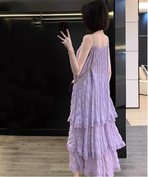 gossip！ロサンゼルス（ゴシップロサンゼルス）の「前後2WAYフェミニンレースレイヤードティアードロングキャミワンピース（ワンピース・レディース・ホワイト/アイボリー/パープル/ブラック/ライトパープル・FREE）」の6枚目の写真