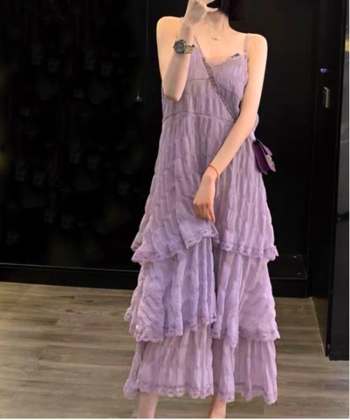 gossip！ロサンゼルス（ゴシップロサンゼルス）の「前後2WAYフェミニンレースレイヤードティアードロングキャミワンピース（ワンピース・レディース・ホワイト/アイボリー/パープル/ブラック/ライトパープル・FREE）」の7枚目の写真