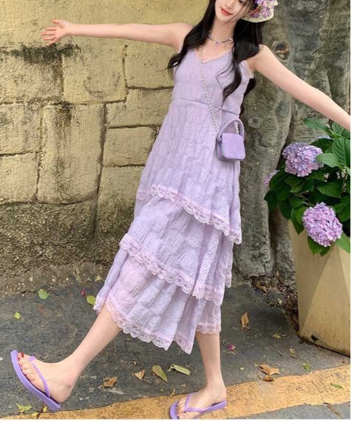 gossip！ロサンゼルス（ゴシップロサンゼルス）の「前後2WAYフェミニンレースレイヤードティアードロングキャミワンピース（ワンピース・レディース・ホワイト/アイボリー/パープル/ブラック/ライトパープル・FREE）」の8枚目の写真