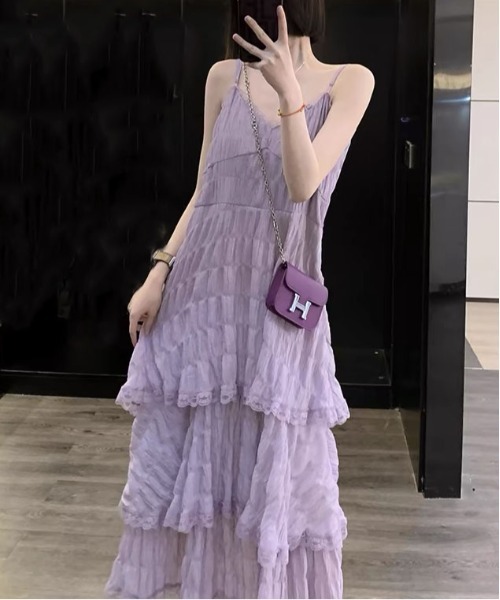 gossip！ロサンゼルス（ゴシップロサンゼルス）の「前後2WAYフェミニンレースレイヤードティアードロングキャミワンピース（ワンピース・レディース・ホワイト/アイボリー/パープル/ブラック/ライトパープル・FREE）」の15枚目の写真