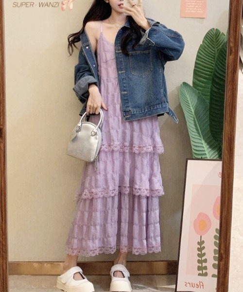 gossip！ロサンゼルス（ゴシップロサンゼルス）の「前後2WAYフェミニンレースレイヤードティアードロングキャミワンピース（ワンピース・レディース・ホワイト/アイボリー/パープル/ブラック/ライトパープル・FREE）」の12枚目の写真