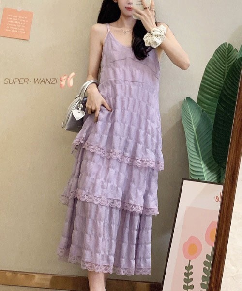 gossip！ロサンゼルス（ゴシップロサンゼルス）の「前後2WAYフェミニンレースレイヤードティアードロングキャミワンピース（ワンピース・レディース・ホワイト/アイボリー/パープル/ブラック/ライトパープル・FREE）」の14枚目の写真