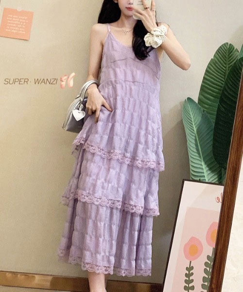 gossip！ロサンゼルス（ゴシップロサンゼルス）の「前後2WAYフェミニンレースレイヤードティアードロングキャミワンピース（ワンピース・レディース・ホワイト/アイボリー/パープル/ブラック/ライトパープル・FREE）」の9枚目の写真