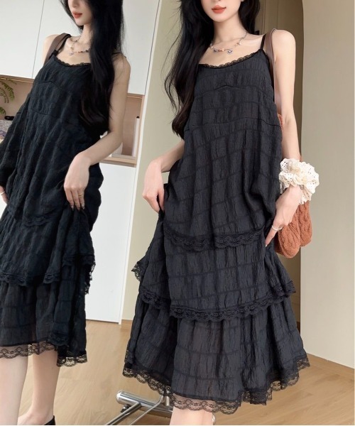 gossip！ロサンゼルス（ゴシップロサンゼルス）の「前後2WAYフェミニンレースレイヤードティアードロングキャミワンピース（ワンピース・レディース・ホワイト/アイボリー/パープル/ブラック/ライトパープル・FREE）」の18枚目の写真