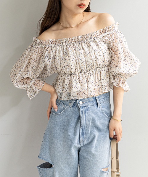 美品 EIKO KONDO 2way レース フリル 花柄 総柄 ブラウス セール】花柄2wayシアーボリューム短丈ブラウス（シャツ