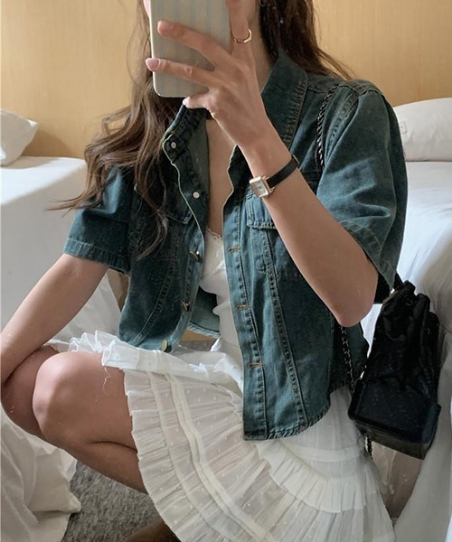 FREE STYLISTS(フリー スタイリスト)の「YUGA_YGMC デニム クロップドシャツ ジャケット(デニムジャケット・レディース・インディゴブルー/ブルー・S/M)」の15枚目の写真