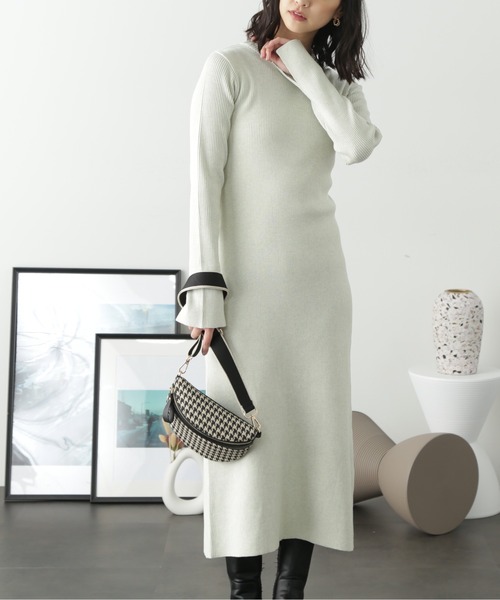 FREE'S MART（フリーズマート）の「◆リブニットロングワンピース（ワンピース・レディース・ホワイト/ブラウン/ブラック/ライトグリーン・MEDIUM/SMALL）」の4枚目の写真