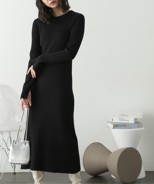 FREE'S MART（フリーズマート）の「◆リブニットロングワンピース（ワンピース・レディース・ホワイト/ブラウン/ブラック/ライトグリーン・MEDIUM/SMALL）」の2枚目の写真