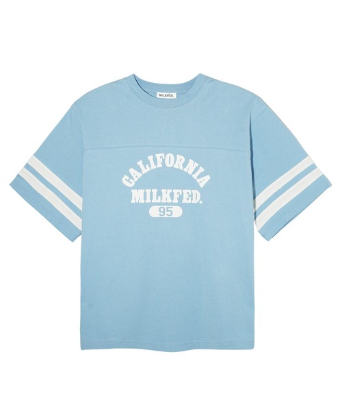 MILKFED.(ミルクフェド)の「STRIPED SLEEVE S/S TOP(Tシャツ/カットソー・レディース・ネイビー/ライトブルー/ホワイト・ONE SIZE)」の1枚目の写真