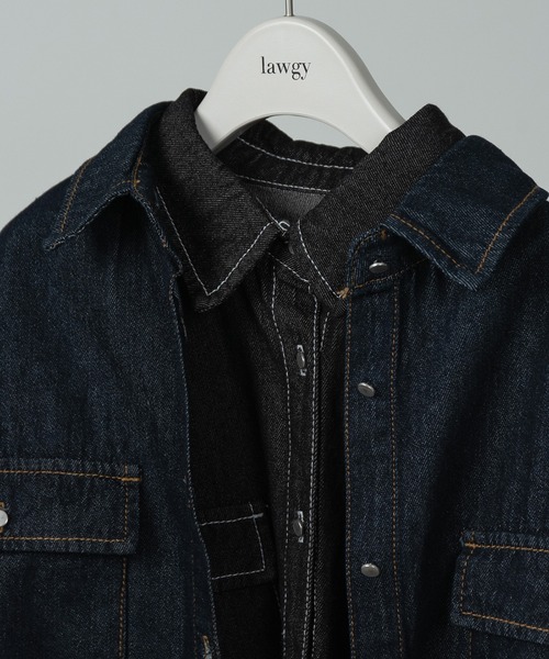 lawgy（ラウジー）の「over denim shirt jacket / オーバーデニムシャツジャケット（デニムジャケット・レディース・インディゴブルー/ブラック・FREE）」の6枚目の写真