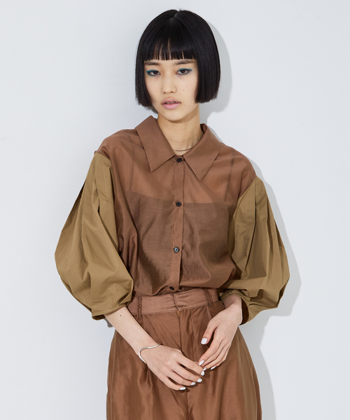 NOMINE(ノミネ)の「【セットアップ着用可】シアー コンビ5分袖 襟付きシャツ(シャツ/ブラウス・レディース・ブラック/ブルー/ブラウン/ベージュ/アイボリー/ブラウン系その他/グリーン/ブラック系その他・フリー)」の5枚目の写真