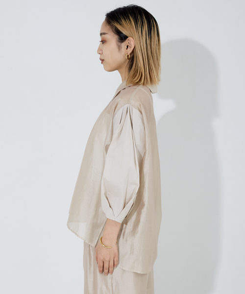 セール】【セットアップ着用可】シアー コンビ5分袖 襟付きシャツ  