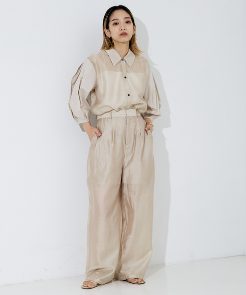 セール】【セットアップ着用可】シアー コンビ5分袖 襟付きシャツ  