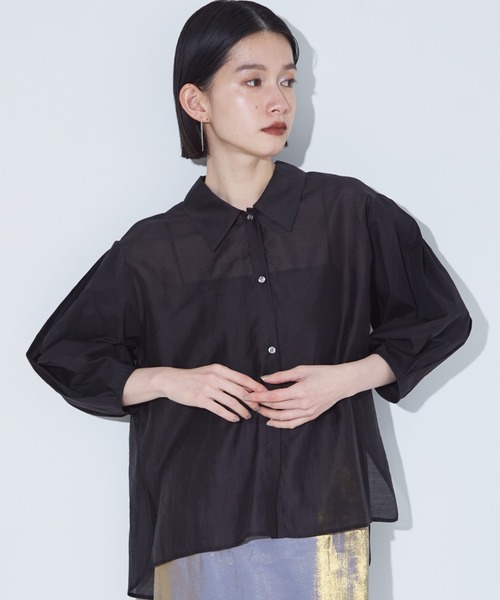 NOMINE(ノミネ)の「【セットアップ着用可】シアー コンビ5分袖 襟付きシャツ(シャツ/ブラウス・レディース・ブラック/ブルー/ブラウン/ベージュ/アイボリー/ブラウン系その他/グリーン/ブラック系その他・フリー)」の3枚目の写真