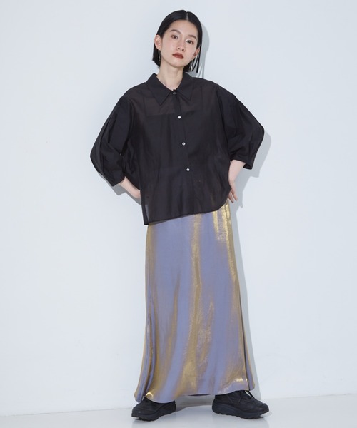 セットアップ着用可】シアー コンビ5分袖 襟付きシャツ（シャツ