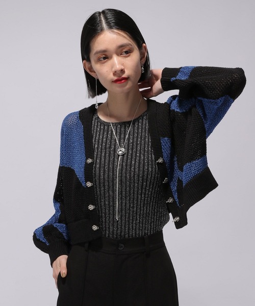 HARE（ハレ）の「ラメメッシュメタルニットカーディガン(HARE)（カーディガン/ボレロ・レディース・ブラック/パープル/オレンジ・FREE）」の7枚目の写真