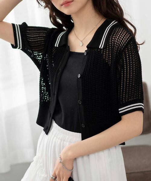 WEGO（ウィゴー）の「WEGO/襟付きメッシュニットショートカーデ（カーディガン/ボレロ・レディース・ホワイト/ブラック/ブラック系その他5・FREE）」の3枚目の写真