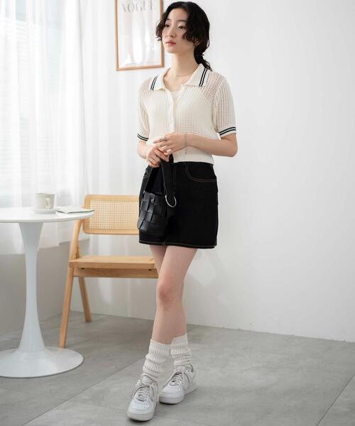 WEGO（ウィゴー）の「WEGO/襟付きメッシュニットショートカーデ（カーディガン/ボレロ・レディース・ホワイト/ブラック/ブラック系その他5・FREE）」の4枚目の写真