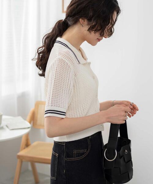 WEGO（ウィゴー）の「WEGO/襟付きメッシュニットショートカーデ（カーディガン/ボレロ・レディース・ホワイト/ブラック/ブラック系その他5・FREE）」の12枚目の写真