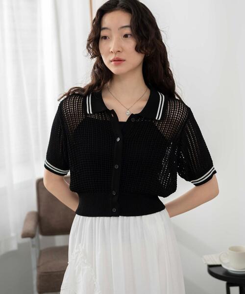WEGO（ウィゴー）の「WEGO/襟付きメッシュニットショートカーデ（カーディガン/ボレロ・レディース・ホワイト/ブラック/ブラック系その他5・FREE）」の16枚目の写真