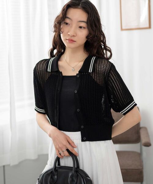 WEGO（ウィゴー）の「WEGO/襟付きメッシュニットショートカーデ（カーディガン/ボレロ・レディース・ホワイト/ブラック/ブラック系その他5・FREE）」の17枚目の写真