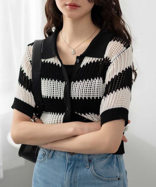 WEGO（ウィゴー）の「WEGO/襟付きメッシュニットショートカーデ（カーディガン/ボレロ・レディース・ホワイト/ブラック/ブラック系その他5・FREE）」の19枚目の写真