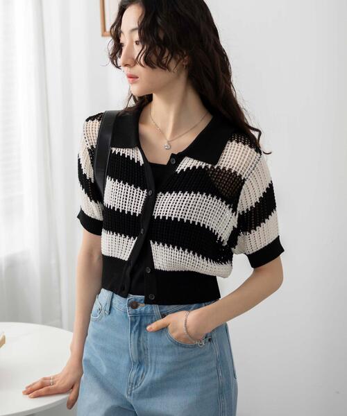 WEGO（ウィゴー）の「WEGO/襟付きメッシュニットショートカーデ（カーディガン/ボレロ・レディース・ホワイト/ブラック/ブラック系その他5・FREE）」の20枚目の写真