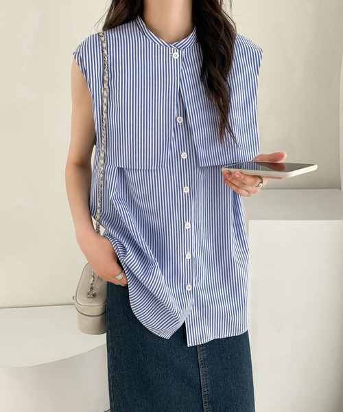ABITOKYO(アビトーキョー)の「ケープ付ノースリーブストライプルーズシャツ(ケープ取り外し可)(シャツ/ブラウス・レディース・ブラック/ブルー/グリーン・M/L)」の3枚目の写真