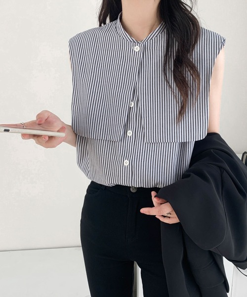 ABITOKYO(アビトーキョー)の「ケープ付ノースリーブストライプルーズシャツ(ケープ取り外し可)(シャツ/ブラウス・レディース・ブラック/ブルー/グリーン・M/L)」の9枚目の写真