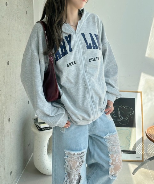 セール】【韓国ストリート風】【選べる袖丈】 ロゴ入り ジップアップ