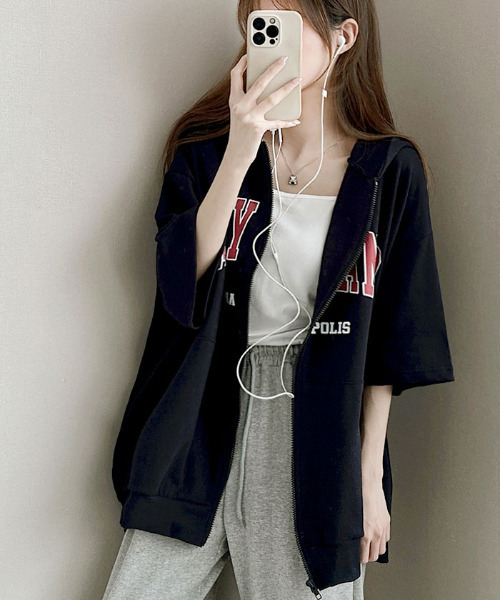 VIVID LADY(ビビッドレディー)の「【韓国ストリート風】【選べる袖丈】 ロゴ入り ジップアップパーカー ブロークコア 長袖 半袖 パーカー(パーカー・レディース・ブラック/ホワイト系その他/ネイビー/グレー/ブラック系その他/ブルー系その他/ホワイト系その他2/グリーン系その他・FREE/フリー)」の14枚目の写真