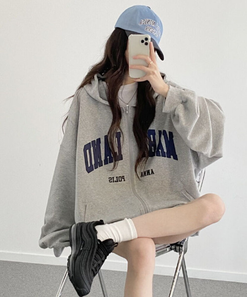 セール】【韓国ストリート風】【選べる袖丈】 ロゴ入り ジップ