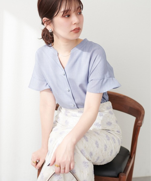 natural couture（ナチュラルクチュール）の「麻調合繊フリル袖ブラウス（シャツ/ブラウス・レディース・その他1/イエロー/ブラック/サックスブルー/ライトベージュ/ピンク・FREE）」の4枚目の写真