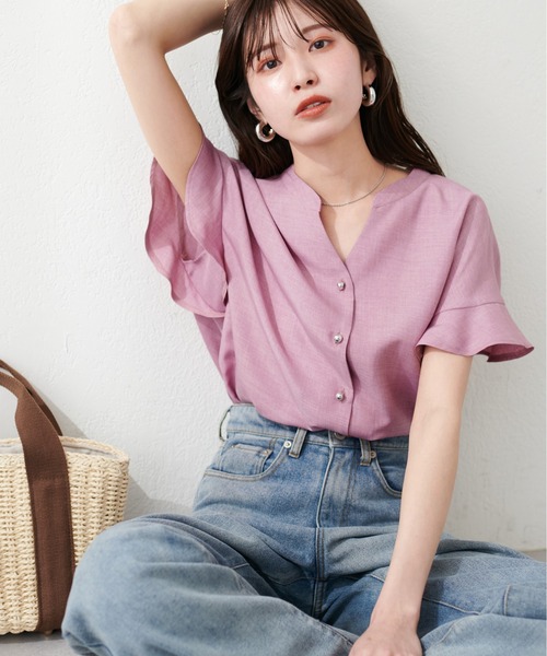 natural couture（ナチュラルクチュール）の「麻調合繊フリル袖ブラウス（シャツ/ブラウス・レディース・その他1/イエロー/ブラック/サックスブルー/ライトベージュ/ピンク・FREE）」の6枚目の写真