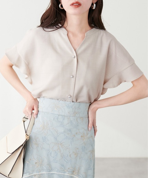 natural couture（ナチュラルクチュール）の「麻調合繊フリル袖ブラウス（シャツ/ブラウス・レディース・その他1/イエロー/ブラック/サックスブルー/ライトベージュ/ピンク・FREE）」の3枚目の写真